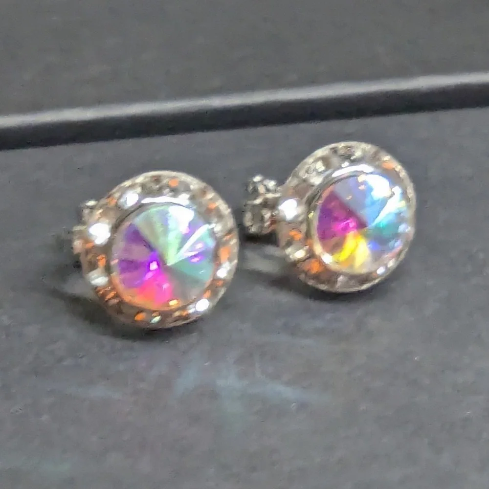 New Clip On Earrings Silver PLated Aurora Borealis AB Crystal Halo Round Wedding
